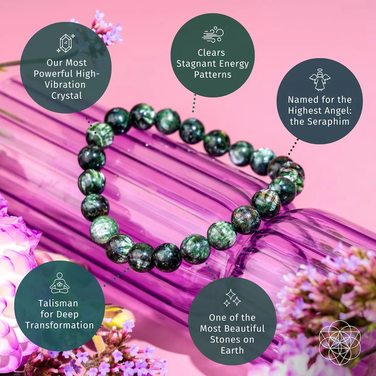 Seraphinite bracelet of transformation from Angel Energy by Conscious Items, featuring green, shimmering stone beads with silver accents.