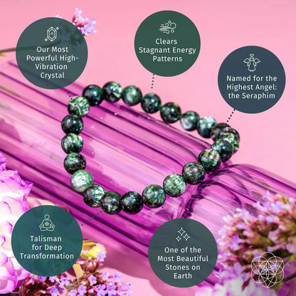 Seraphinite bracelet of transformation from Angel Energy by Conscious Items, featuring green, shimmering stone beads with silver accents.