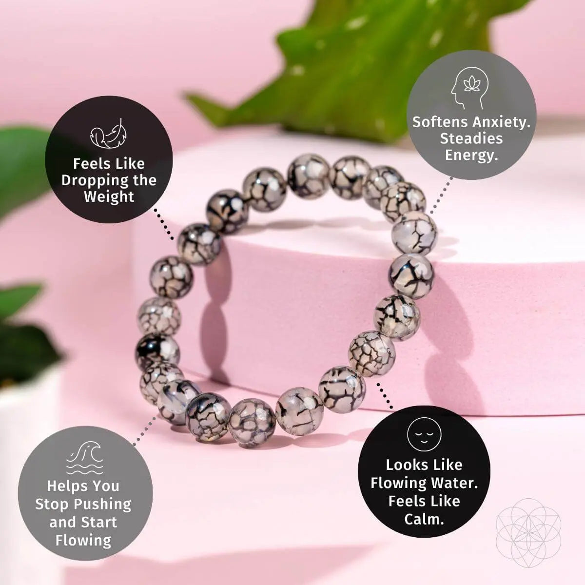 River agate bracelet from Conscious Items titled Calm in the Chaos, featuring smooth, polished stones on a delicate string.