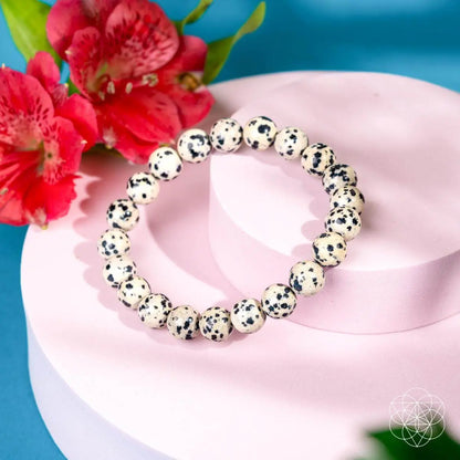 Dalmatian Jasper bracelet from Conscious Items featuring natural stone beads and a unique spotted pattern.