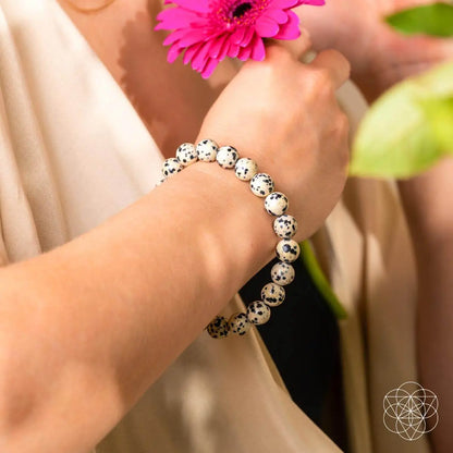 Dalmatian Jasper bracelet from Conscious Items featuring black and cream spotted stones for emotional detox and healing.