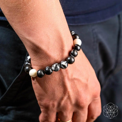 Zebra Jasper bracelet by Conscious Items featuring black and white striped stones on a stretch cord.