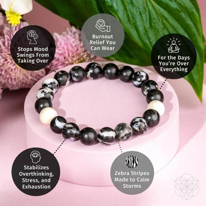 Zebra Jasper bracelet from Conscious Items featuring black and white striped beads, stylish and handcrafted jewelry accessory.